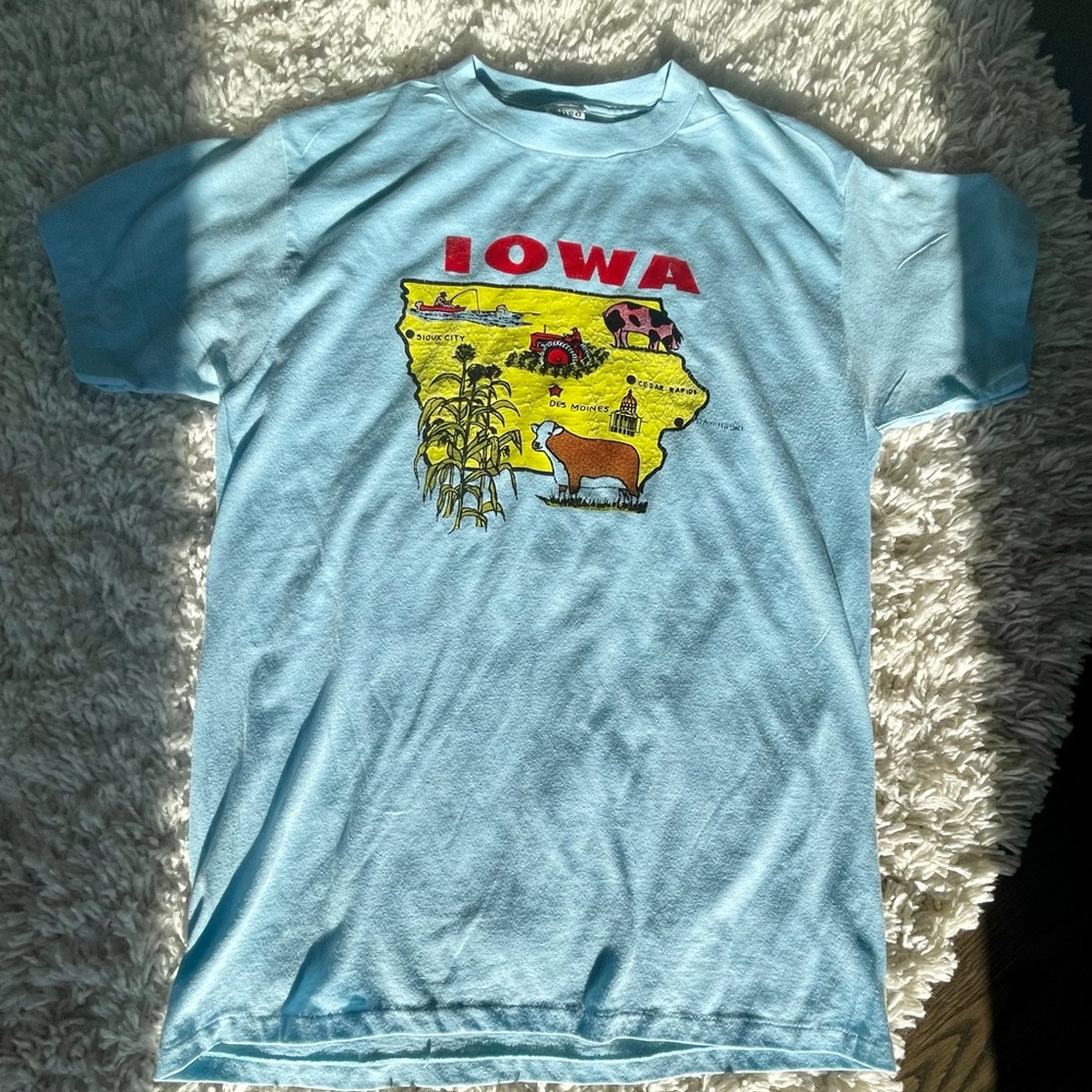 Iowa Graphic Tee. Thed Quality Knits. Light Blue. Vintage. Mens Small. Cotton.